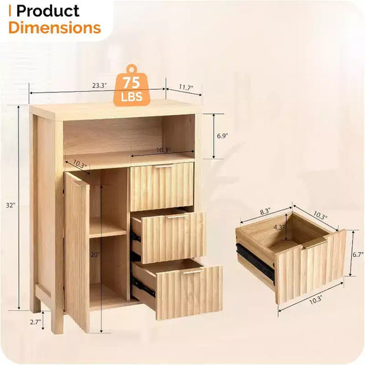 Meuble de rangement de salle de bain cannelé avec porte cannelée et 3 tiroirs, meuble de rangement de salle de bain court moderne, couleur chêne naturel