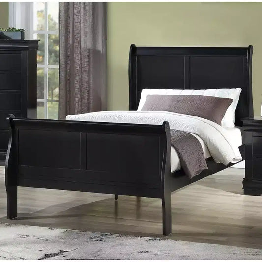 Lit traîneau double 41 en bois massif avec tête et pied de lit, design sécurisé bas pour chambre d'enfant, noir