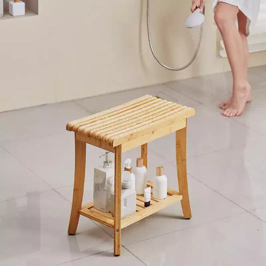 Banc de douche en bambou, 48,5 x 28,7 x 46,5 cm, tabouret de douche étanche avec étagère de rangement, capacité de charge de 150 kg, bambou naturel