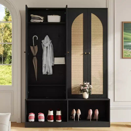 Porte-manteau de style ferme Widen Hall Tree avec 4 portes en rotin, banc d'entrée 4-en-1 avec 6 crochets et étagère réglable
