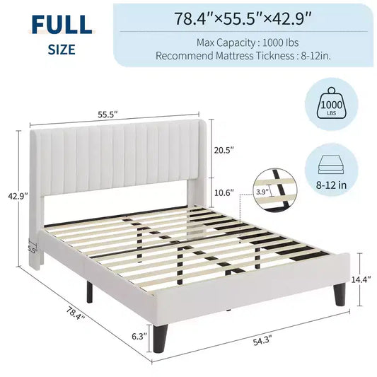 Cadre de lit avec tête de lit capitonnée à oreilles – Plateforme rembourrée à canaux verticaux, lattes en bois renforcées et silencieuses, aucun sommier tapissier requis, blanc
