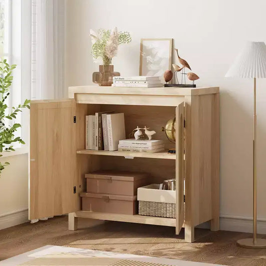 Buffet en teck Mid-Century - Meuble de rangement rétro 30" avec portes en rotin et étagères réglables, Console d'appoint Bohème Chic pour Salon