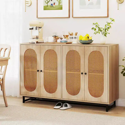 Buffet 50" avec 4 portes en rotin, étagères réglables, pieds en métal, pour salle à manger