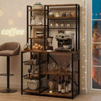 Étagère de Boulanger avec Prises et Crochets, Support de Micro-ondes Industriel avec Rangement, Meuble de Bar à Café Étroit avec Étagères de Cuisine pour Petits Espaces