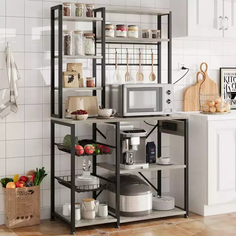 Étagère de Boulanger avec Prises et Crochets, Support de Micro-ondes Industriel avec Rangement, Meuble de Bar à Café Étroit avec Étagères de Cuisine pour Petits Espaces