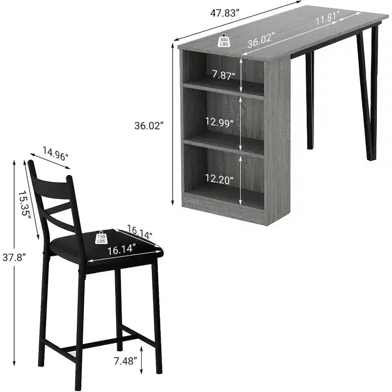 Ensemble table de bar avec rallonge à rabat, étagères de rangement, chaises rembourrées, ensemble de table à manger pour petit espace