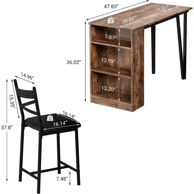 Ensemble table de bar avec rallonge à rabat, étagères de rangement, chaises rembourrées, ensemble de table à manger pour petit espace