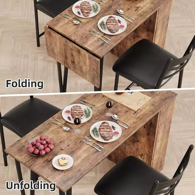 Ensemble table de bar avec rallonge à rabat, étagères de rangement, chaises rembourrées, ensemble de table à manger pour petit espace