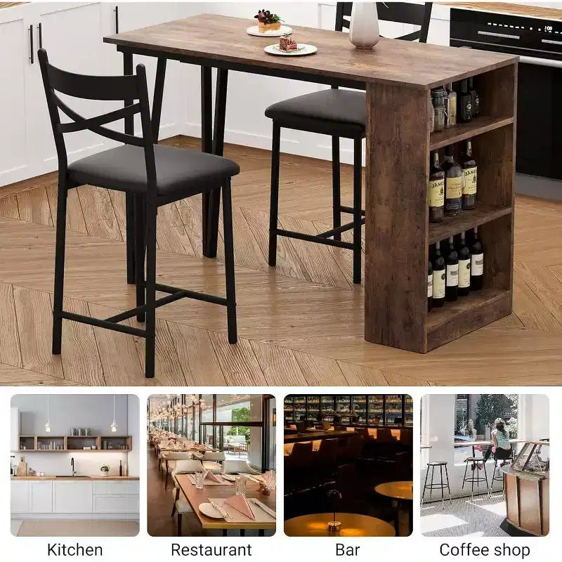 Ensemble table de bar avec rallonge à rabat, étagères de rangement, chaises rembourrées, ensemble de table à manger pour petit espace