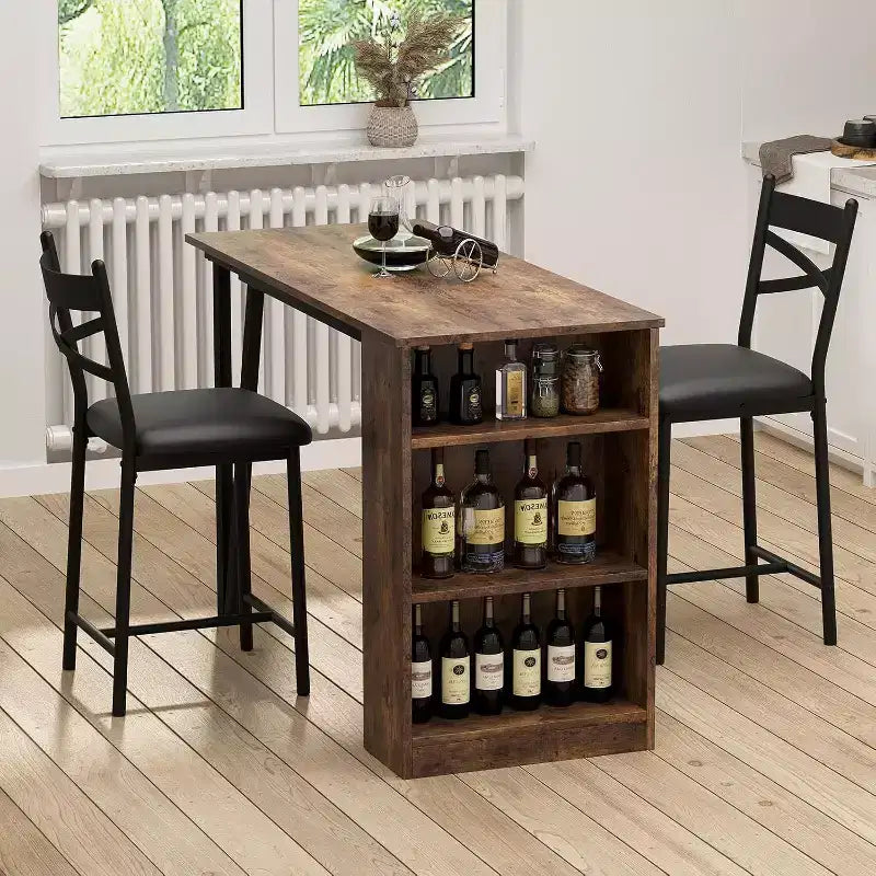 Ensemble table de bar avec rallonge à rabat, étagères de rangement, chaises rembourrées, ensemble de table à manger pour petit espace