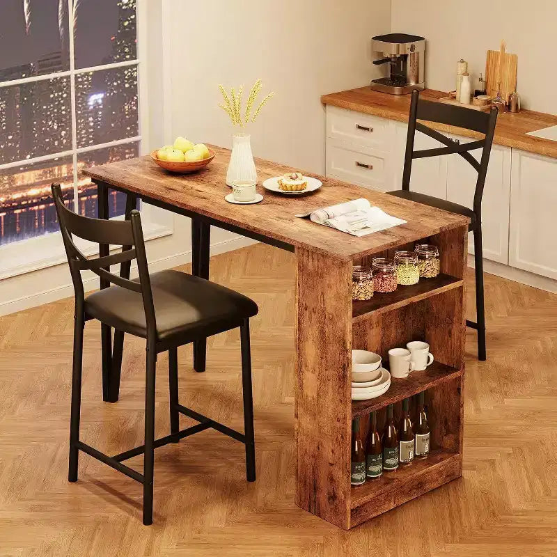 Ensemble table de bar avec rallonge à rabat, étagères de rangement, chaises rembourrées, ensemble de table à manger pour petit espace