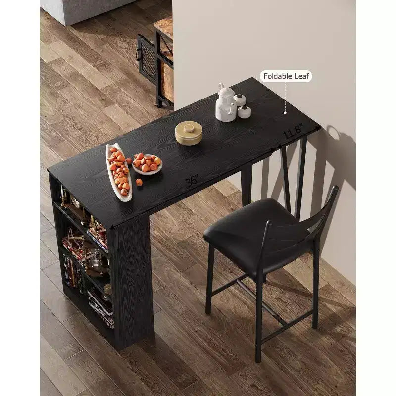 Ensemble table de bar avec rallonge à rabat, étagères de rangement, chaises rembourrées, ensemble de table à manger pour petit espace