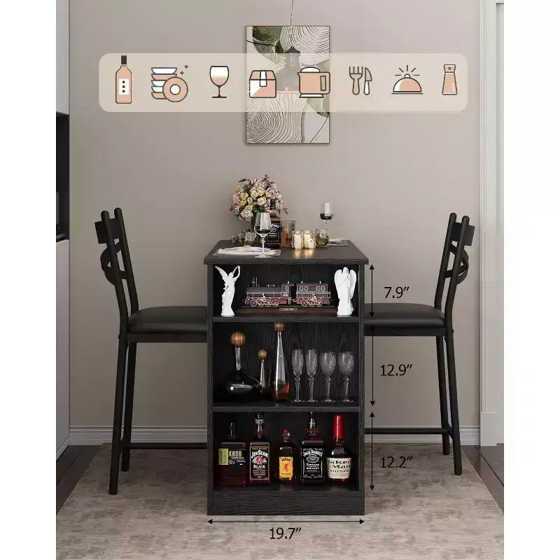Ensemble table de bar avec rallonge à rabat, étagères de rangement, chaises rembourrées, ensemble de table à manger pour petit espace