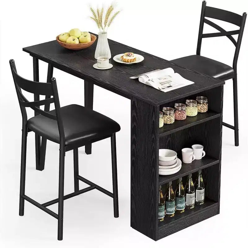 Ensemble table de bar avec rallonge à rabat, étagères de rangement, chaises rembourrées, ensemble de table à manger pour petit espace