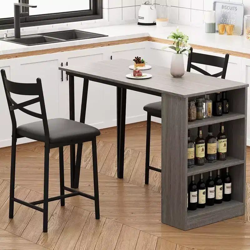 Ensemble table de bar avec rallonge à rabat, étagères de rangement, chaises rembourrées, ensemble de table à manger pour petit espace