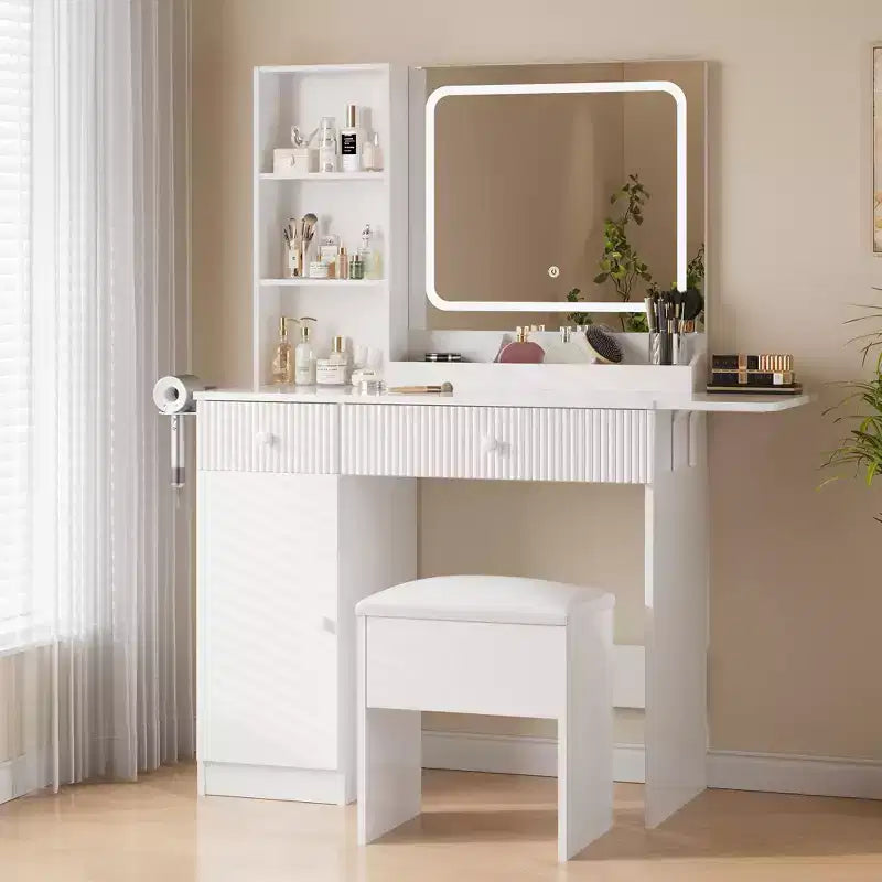 Coiffeuse avec miroir et lumières, table de maquillage avec prises de courant, tiroirs et meuble de rangement