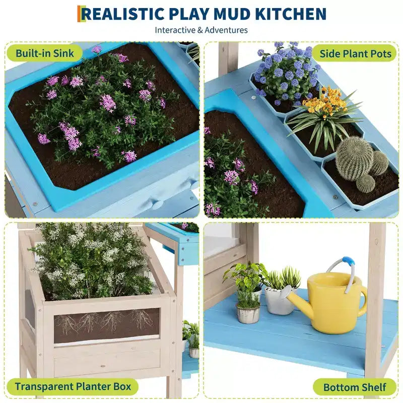 Cuisine en boue pour enfants, jouet d'extérieur avec jardinière, cuisine de jeu en bois pour enfants, convient aux tout-petages de plus de 3 ans