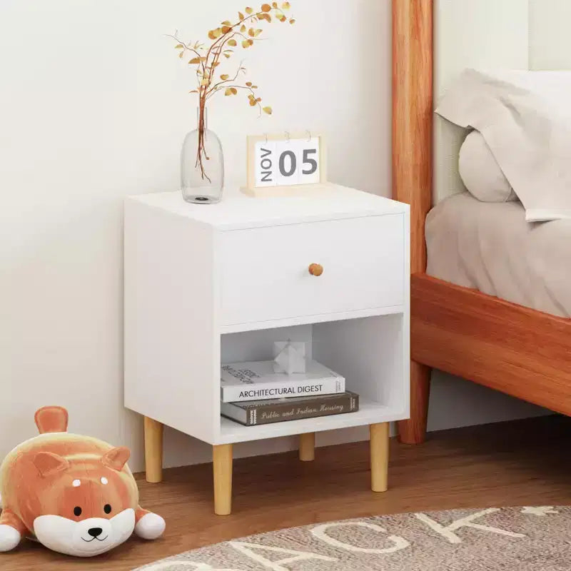 Table de chevet en bois de 59 cm de haut avec un tiroir et une étagère pour enfants, adultes, blanc