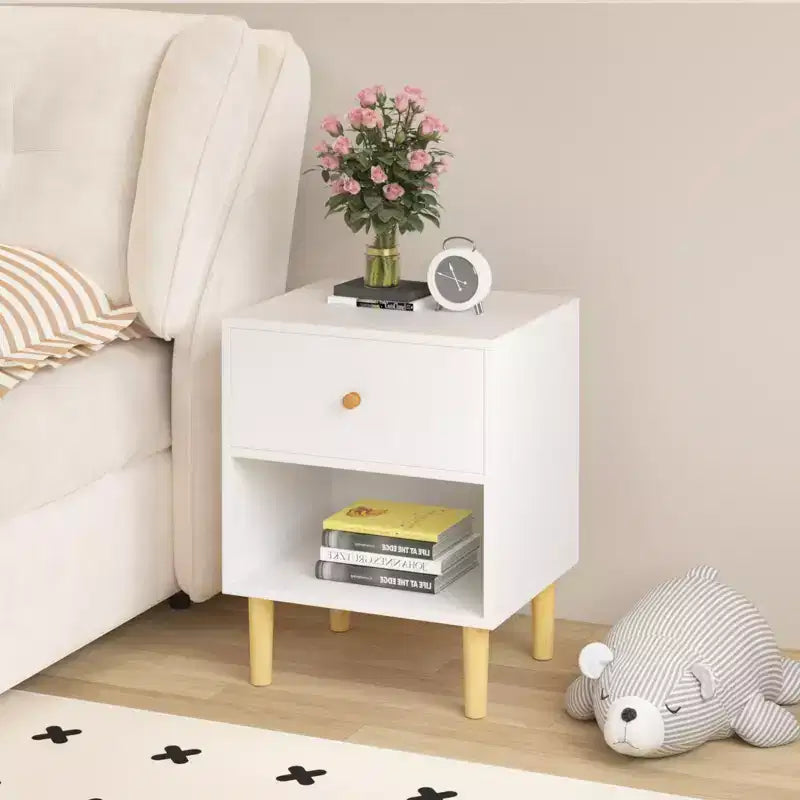 Table de chevet en bois de 59 cm de haut avec un tiroir et une étagère pour enfants, adultes, blanc