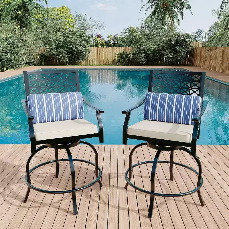 Tabourets de bar d'extérieur, tabourets de bar pivotants à 360° hauteur comptoir avec accoudoirs et dossier rembourrés, hauts tabourets de bar pivotants d'extérieur pour jardin