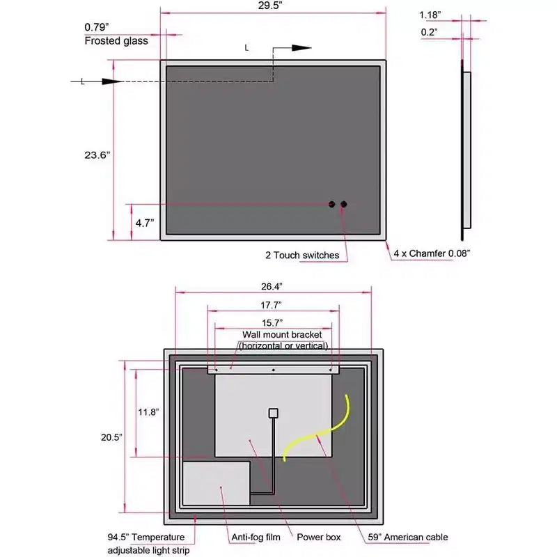 Miroir de salle de bain LED 30x24 pouces, anti-buée, fonction mémoire, luminosité et température réglables, miroir de courtoisie mural