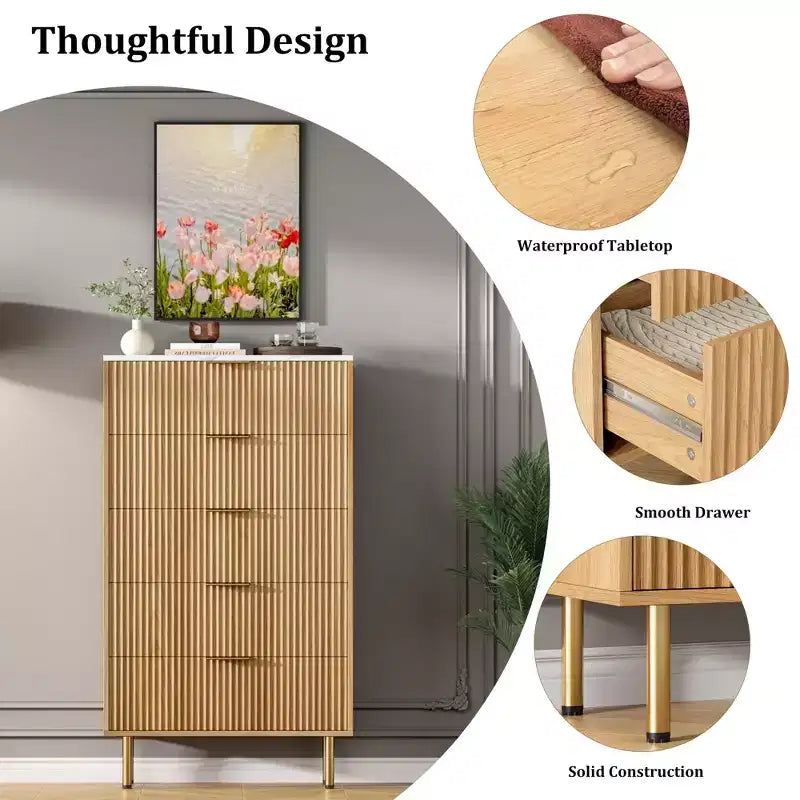 Commode en bois cannelé à 5 tiroirs pour chambre à coucher, commode moderne, grande commode marron avec plateau en faux marbre