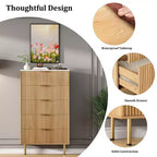Commode en bois cannelé à 5 tiroirs pour chambre à coucher, commode moderne, grande commode marron avec plateau en faux marbre