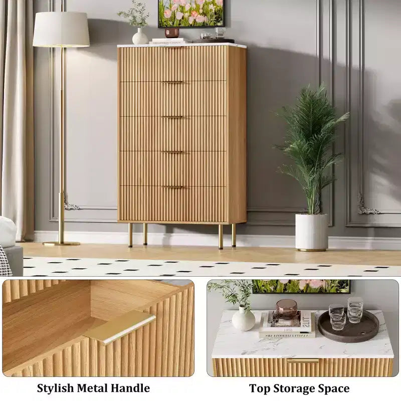 Commode en bois cannelé à 5 tiroirs pour chambre à coucher, commode moderne, grande commode marron avec plateau en faux marbre