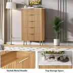 Commode en bois cannelé à 5 tiroirs pour chambre à coucher, commode moderne, grande commode marron avec plateau en faux marbre