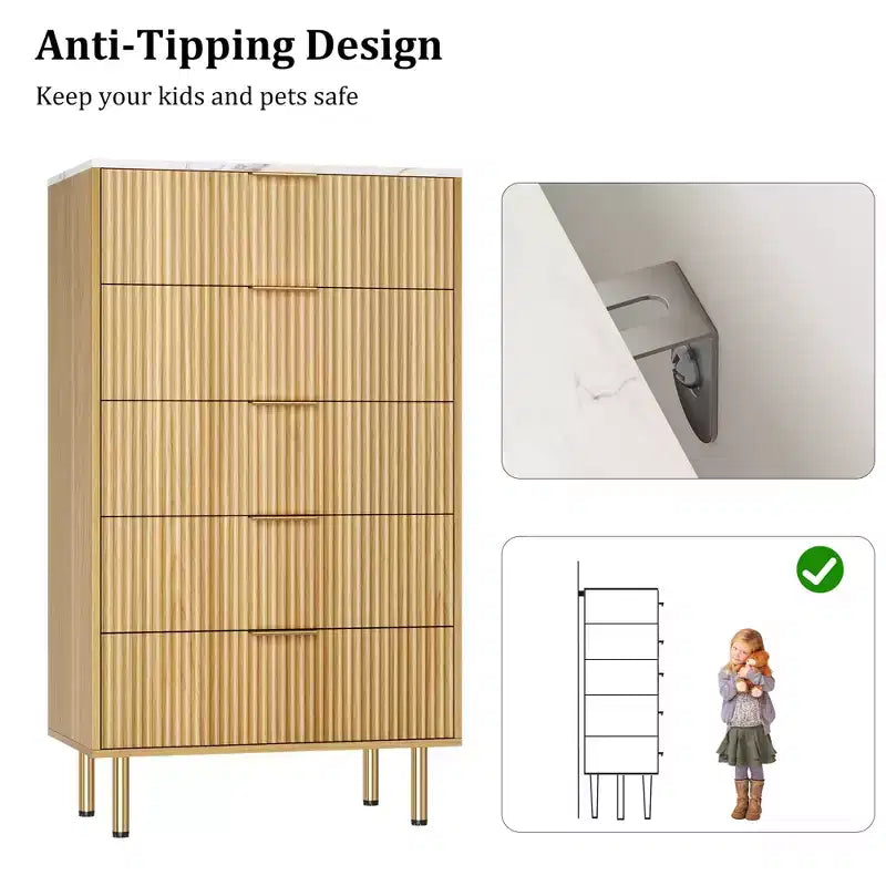 Commode en bois cannelé à 5 tiroirs pour chambre à coucher, commode moderne, grande commode marron avec plateau en faux marbre
