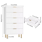 Commode en bois cannelé à 5 tiroirs pour chambre à coucher, commode moderne, grande commode marron avec plateau en faux marbre