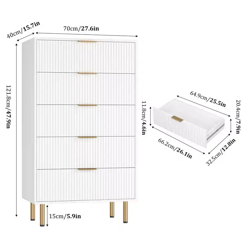 Commode en bois cannelé à 5 tiroirs pour chambre à coucher, commode moderne, grande commode marron avec plateau en faux marbre