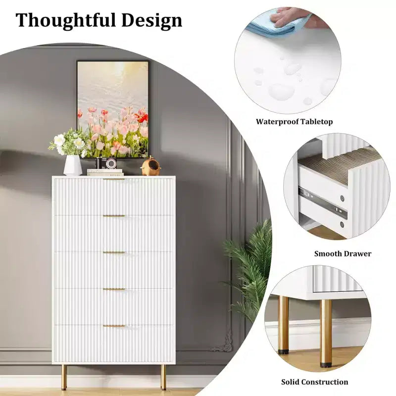 Commode en bois cannelé à 5 tiroirs pour chambre à coucher, commode moderne, grande commode marron avec plateau en faux marbre