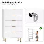 Commode en bois cannelé à 5 tiroirs pour chambre à coucher, commode moderne, grande commode marron avec plateau en faux marbre