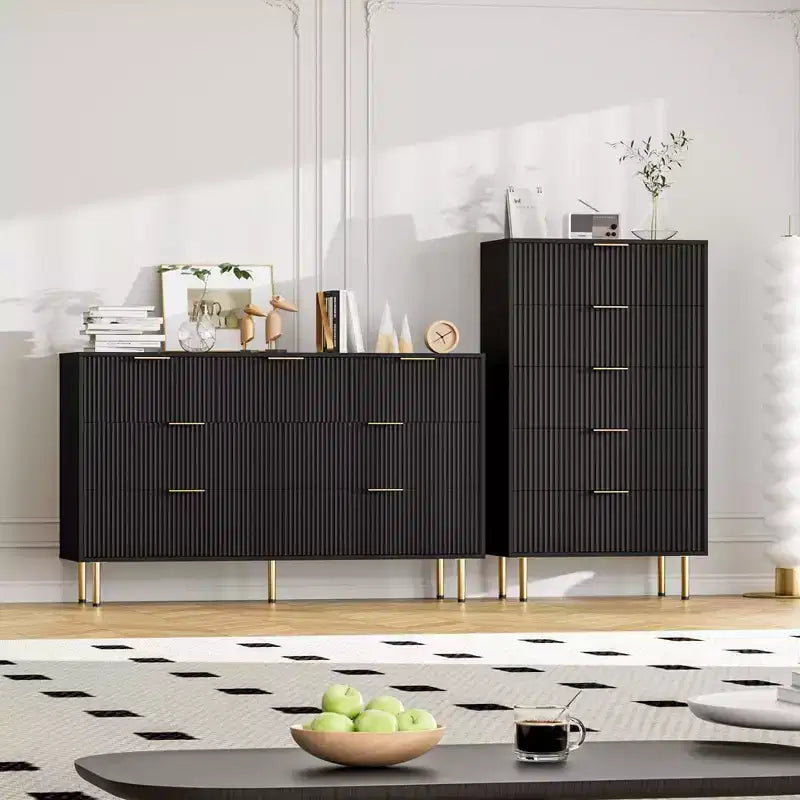 Commode en bois cannelé à 5 tiroirs pour chambre à coucher, commode moderne, grande commode marron avec plateau en faux marbre
