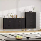 Commode en bois cannelé à 5 tiroirs pour chambre à coucher, commode moderne, grande commode marron avec plateau en faux marbre