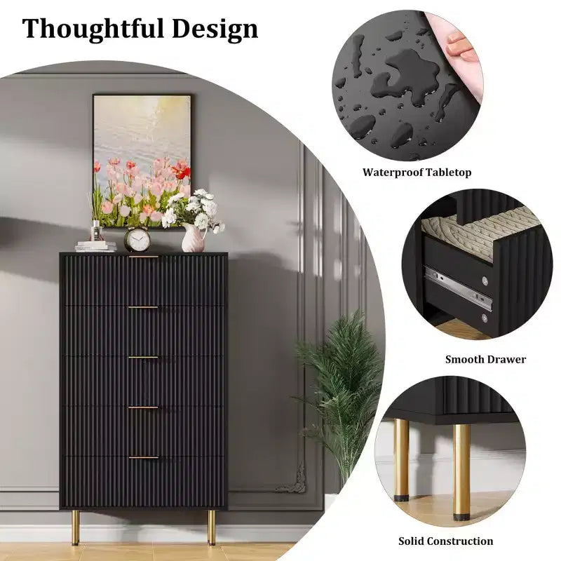 Commode en bois cannelé à 5 tiroirs pour chambre à coucher, commode moderne, grande commode marron avec plateau en faux marbre