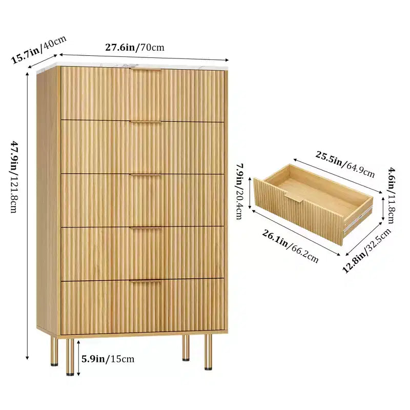 Commode en bois cannelé à 5 tiroirs pour chambre à coucher, commode moderne, grande commode marron avec plateau en faux marbre