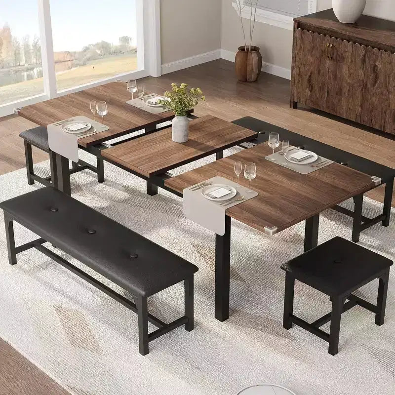 Table à manger pour 4-6 personnes avec 2 bancs et 2 tabourets, grande table de salle à manger extensible de 160 cm pour 4 personnes, table de cuisine