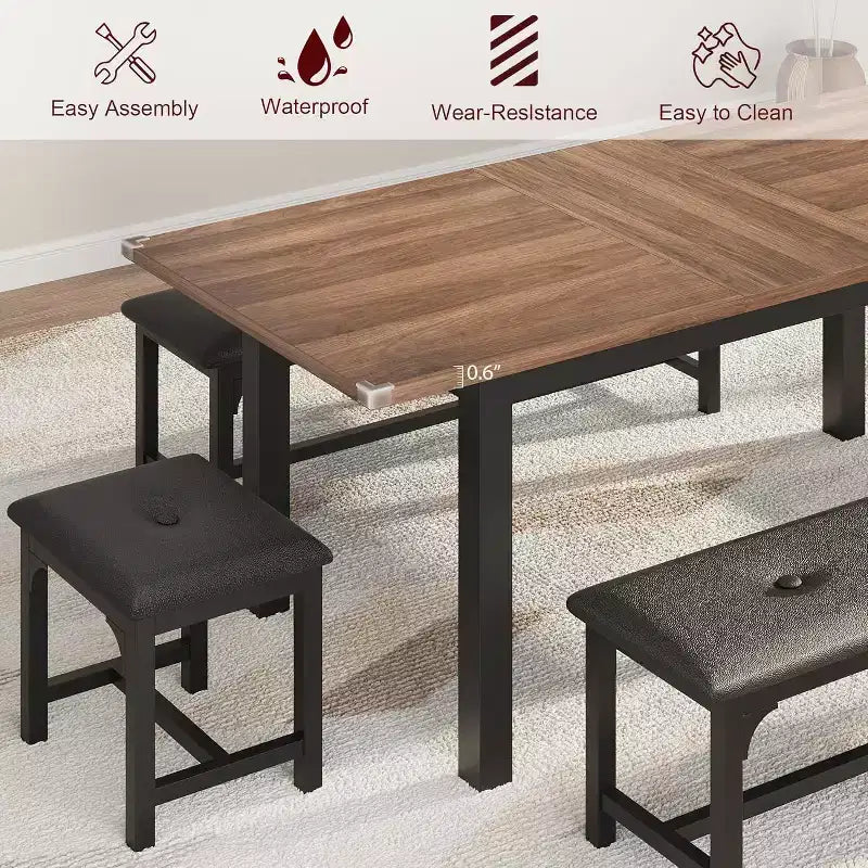 Table à manger pour 4-6 personnes avec 2 bancs et 2 tabourets, grande table de salle à manger extensible de 160 cm pour 4 personnes, table de cuisine