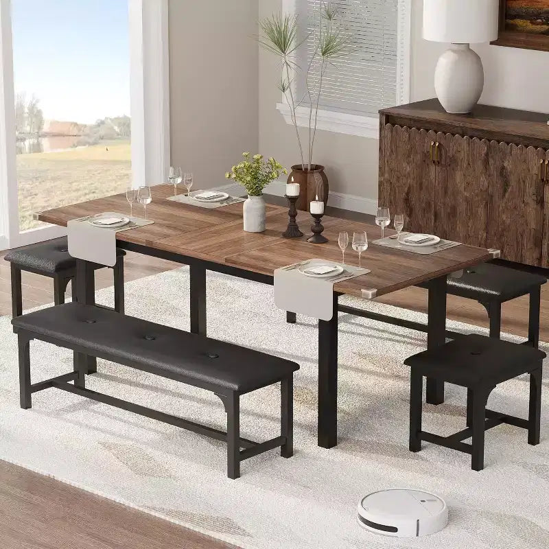 Table à manger pour 4-6 personnes avec 2 bancs et 2 tabourets, grande table de salle à manger extensible de 160 cm pour 4 personnes, table de cuisine