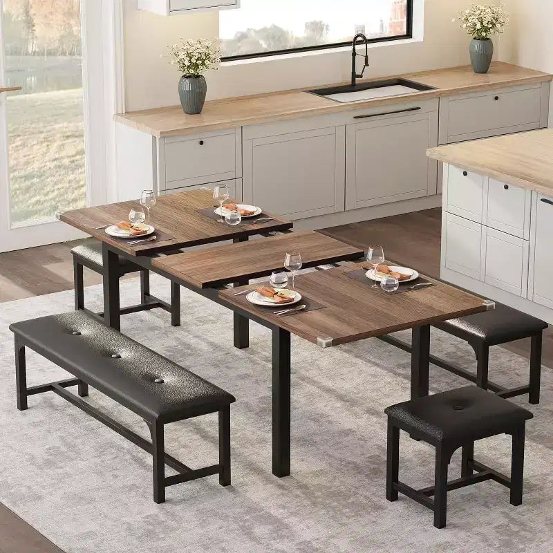 Table à manger pour 4-6 personnes avec 2 bancs et 2 tabourets, grande table de salle à manger extensible de 160 cm pour 4 personnes, table de cuisine