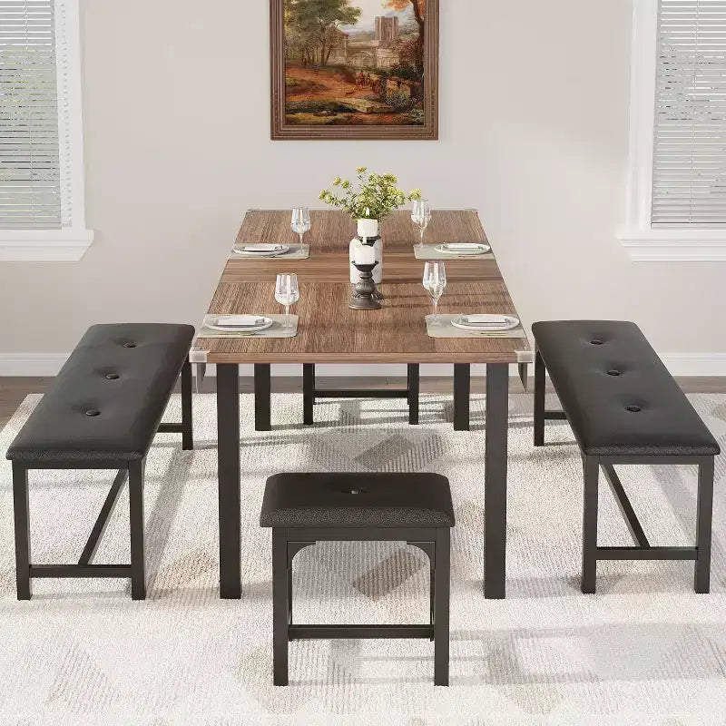 Table à manger pour 4-6 personnes avec 2 bancs et 2 tabourets, grande table de salle à manger extensible de 160 cm pour 4 personnes, table de cuisine
