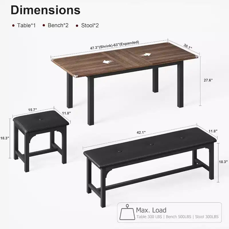 Table à manger pour 4-6 personnes avec 2 bancs et 2 tabourets, grande table de salle à manger extensible de 160 cm pour 4 personnes, table de cuisine