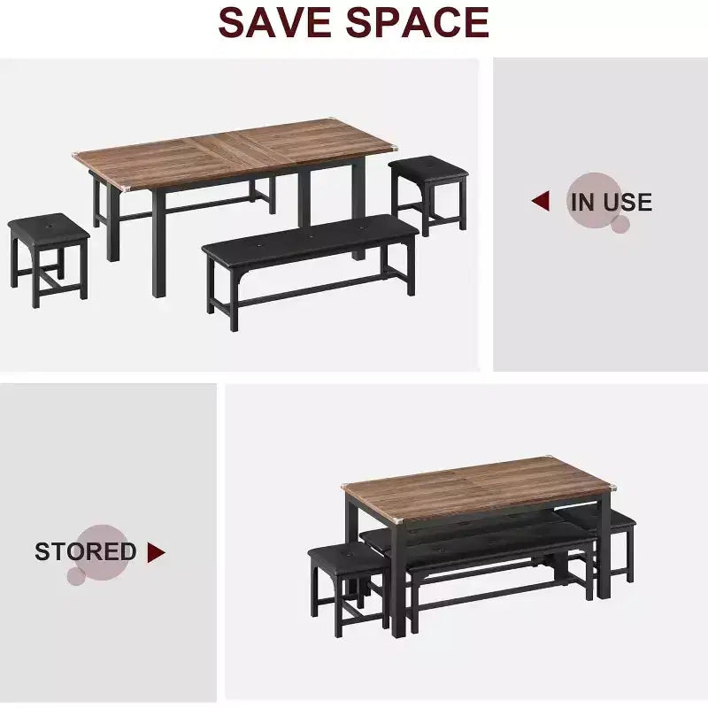 Table à manger pour 4-6 personnes avec 2 bancs et 2 tabourets, grande table de salle à manger extensible de 160 cm pour 4 personnes, table de cuisine