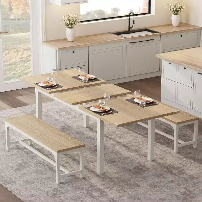Table à manger pour 4-6 personnes avec 2 bancs et 2 tabourets, grande table de salle à manger extensible de 160 cm pour 4 personnes, table de cuisine