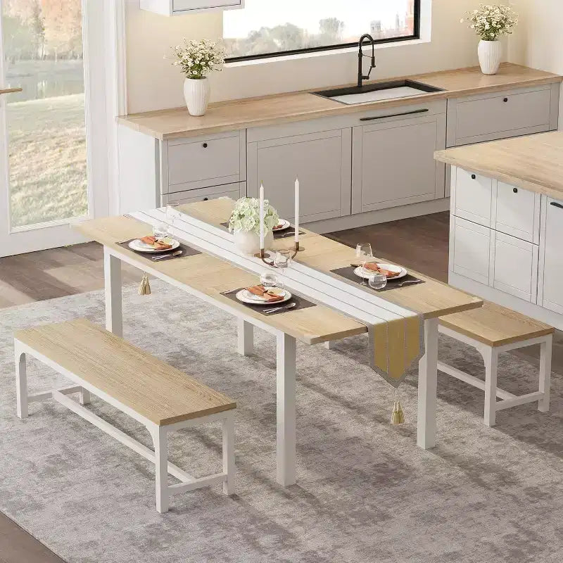 Table à manger pour 4-6 personnes avec 2 bancs et 2 tabourets, grande table de salle à manger extensible de 160 cm pour 4 personnes, table de cuisine