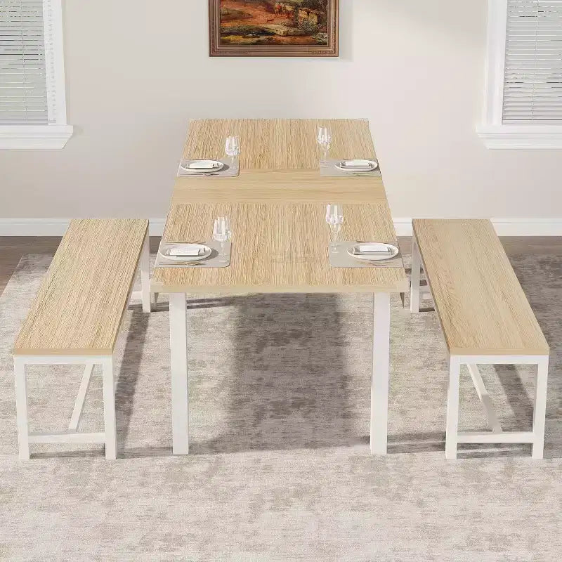 Table à manger pour 4-6 personnes avec 2 bancs et 2 tabourets, grande table de salle à manger extensible de 160 cm pour 4 personnes, table de cuisine