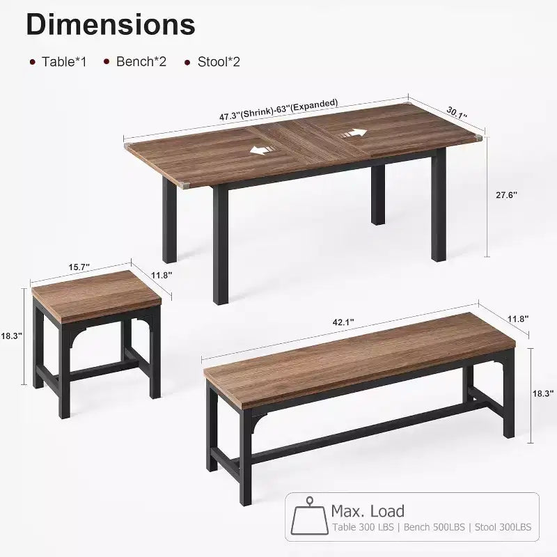 Table à manger pour 4-6 personnes avec 2 bancs et 2 tabourets, grande table de salle à manger extensible de 160 cm pour 4 personnes, table de cuisine