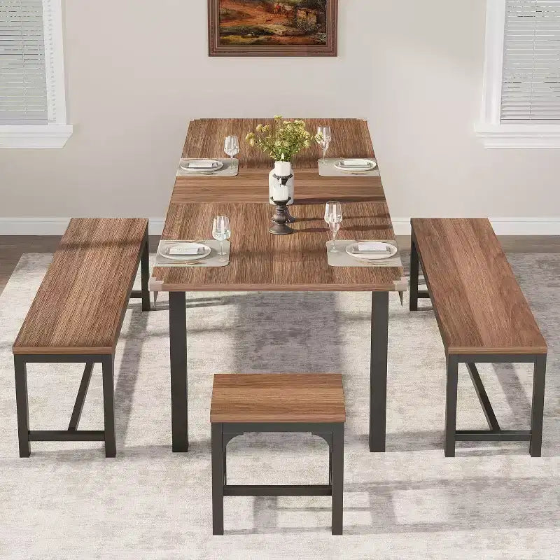 Table à manger pour 4-6 personnes avec 2 bancs et 2 tabourets, grande table de salle à manger extensible de 160 cm pour 4 personnes, table de cuisine